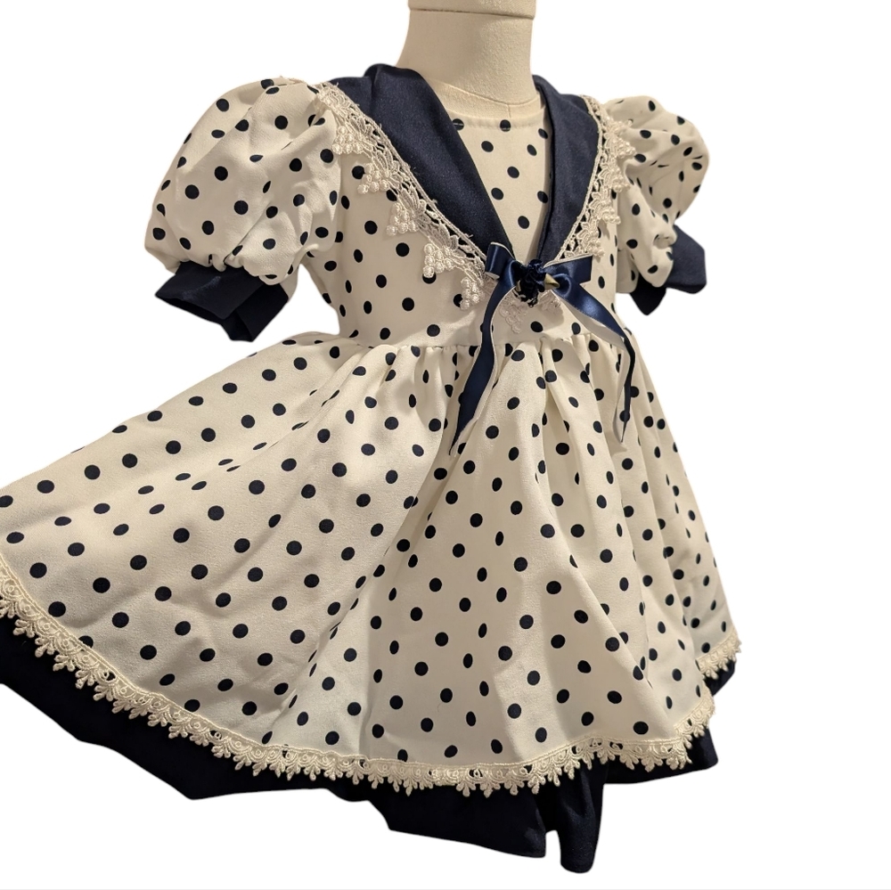 Vintage Girls  Polka Dot Dress Party Full Skirt Puff Sleeve 80s Ruffle‎ Crochet